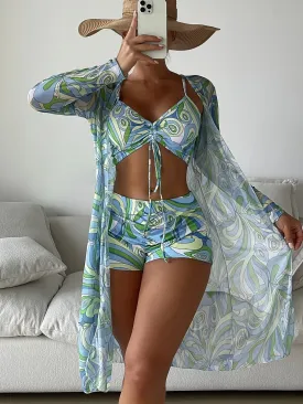 3-piece Geometrical Print Drawstring Bikini Sets Boxer Short High Rise Bathing Suit With Long Sleeve Sheer Cover Up Kimono Shirt