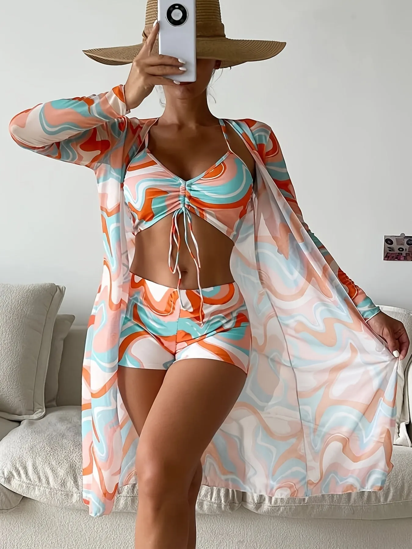 3-piece Geometrical Print Drawstring Bikini Sets Boxer Short High Rise Bathing Suit With Long Sleeve Sheer Cover Up Kimono Shirt