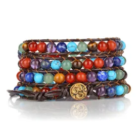 7 Chakras Crystal Beads Leather Braided Wrap Bracelet | Jovivi