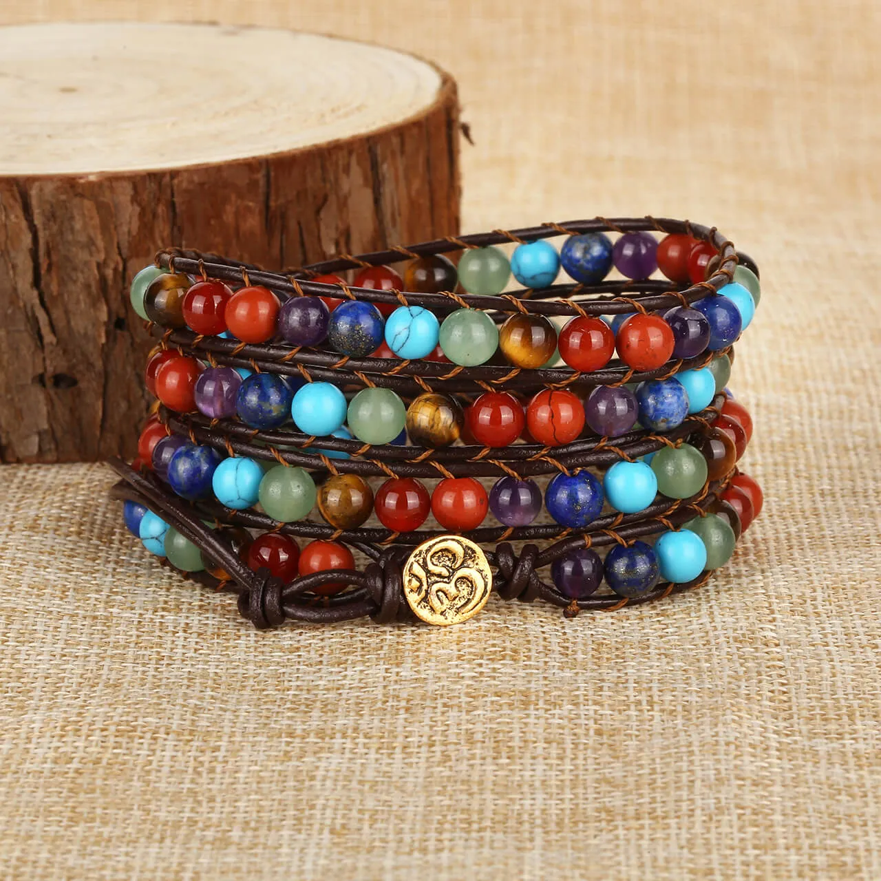 7 Chakras Crystal Beads Leather Braided Wrap Bracelet | Jovivi