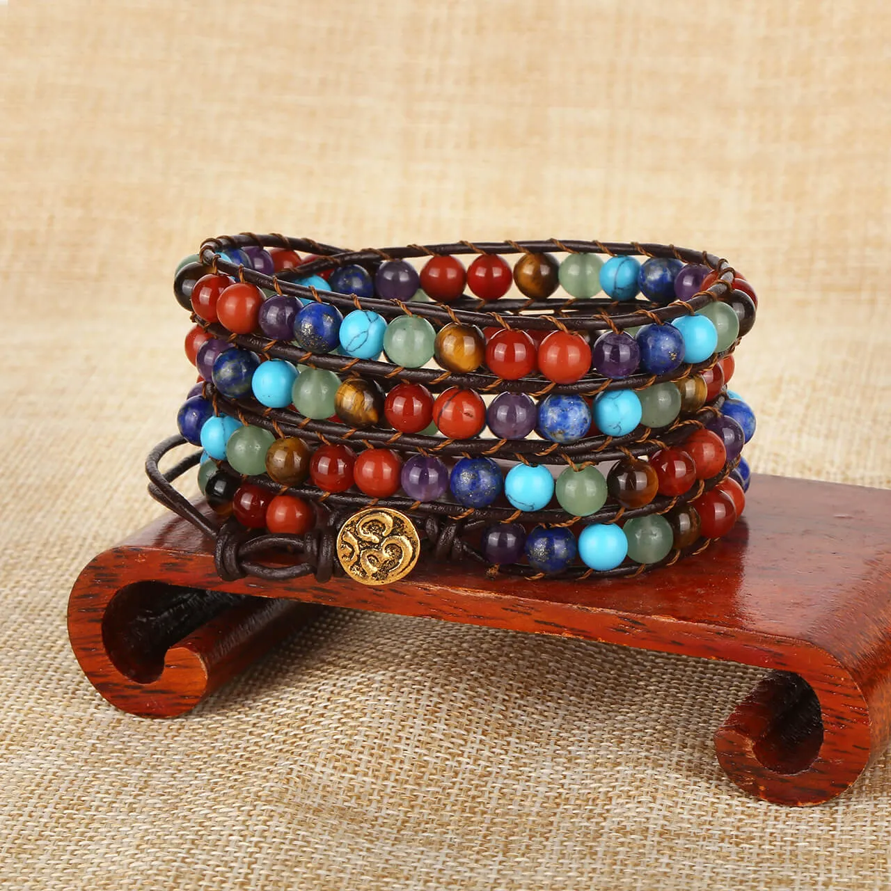 7 Chakras Crystal Beads Leather Braided Wrap Bracelet | Jovivi