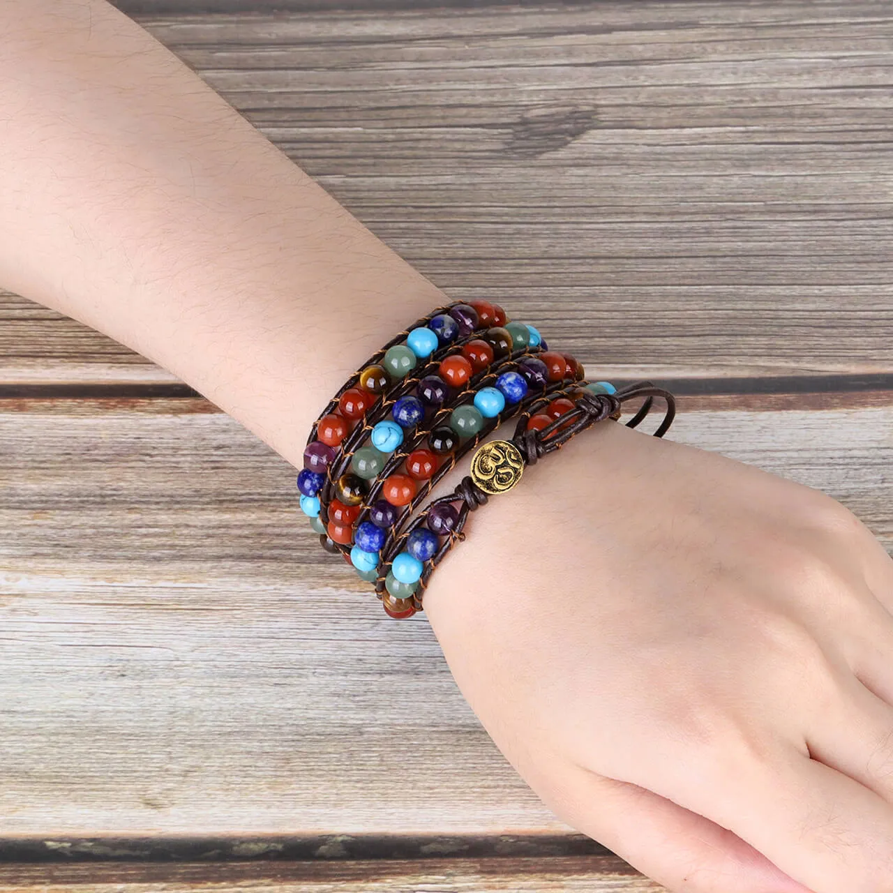 7 Chakras Crystal Beads Leather Braided Wrap Bracelet | Jovivi