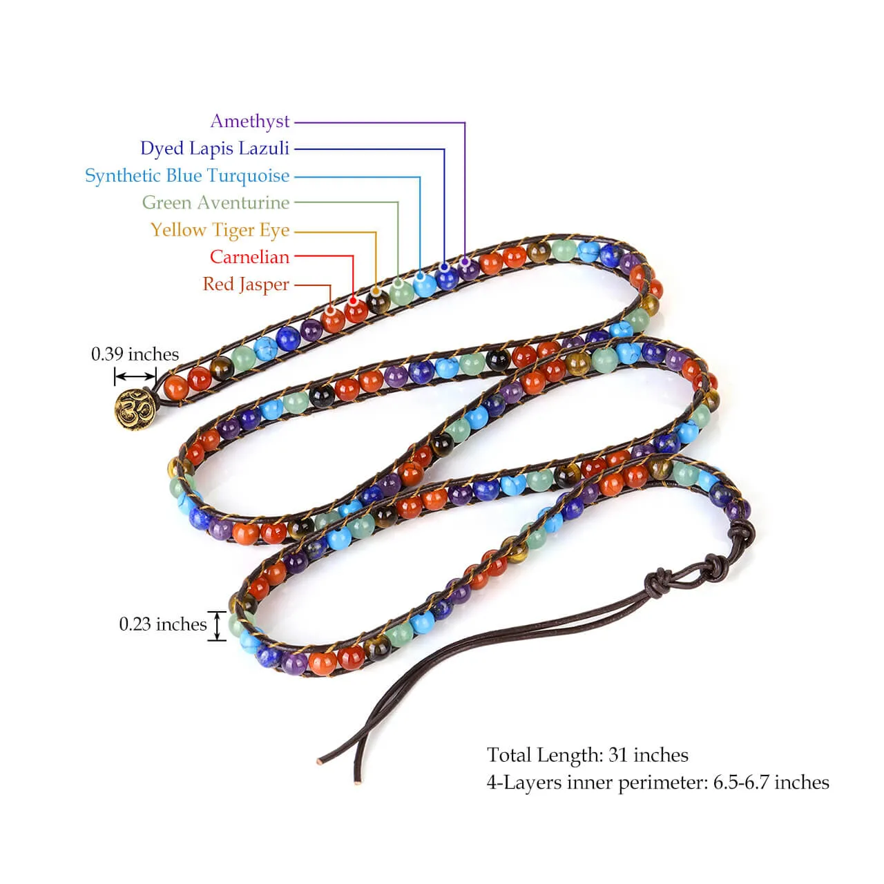 7 Chakras Crystal Beads Leather Braided Wrap Bracelet | Jovivi