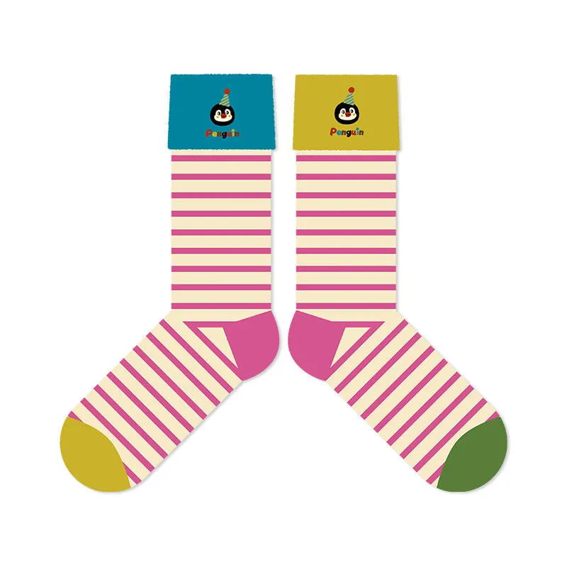 Beligogo Cute Cartoon Penguin and Striped Crew Socks: Soft, Breathable and Anti-Slip for Spring & Fall