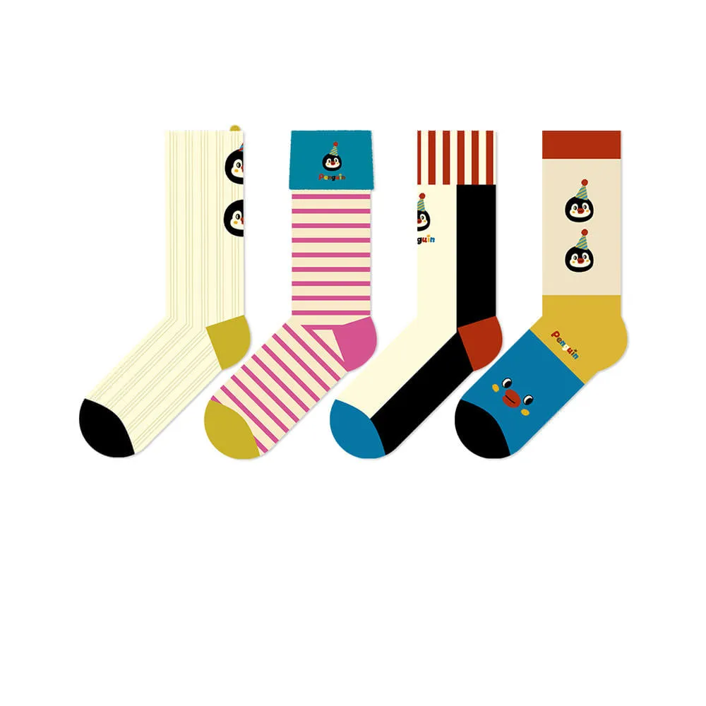 Beligogo Cute Cartoon Penguin and Striped Crew Socks: Soft, Breathable and Anti-Slip for Spring & Fall