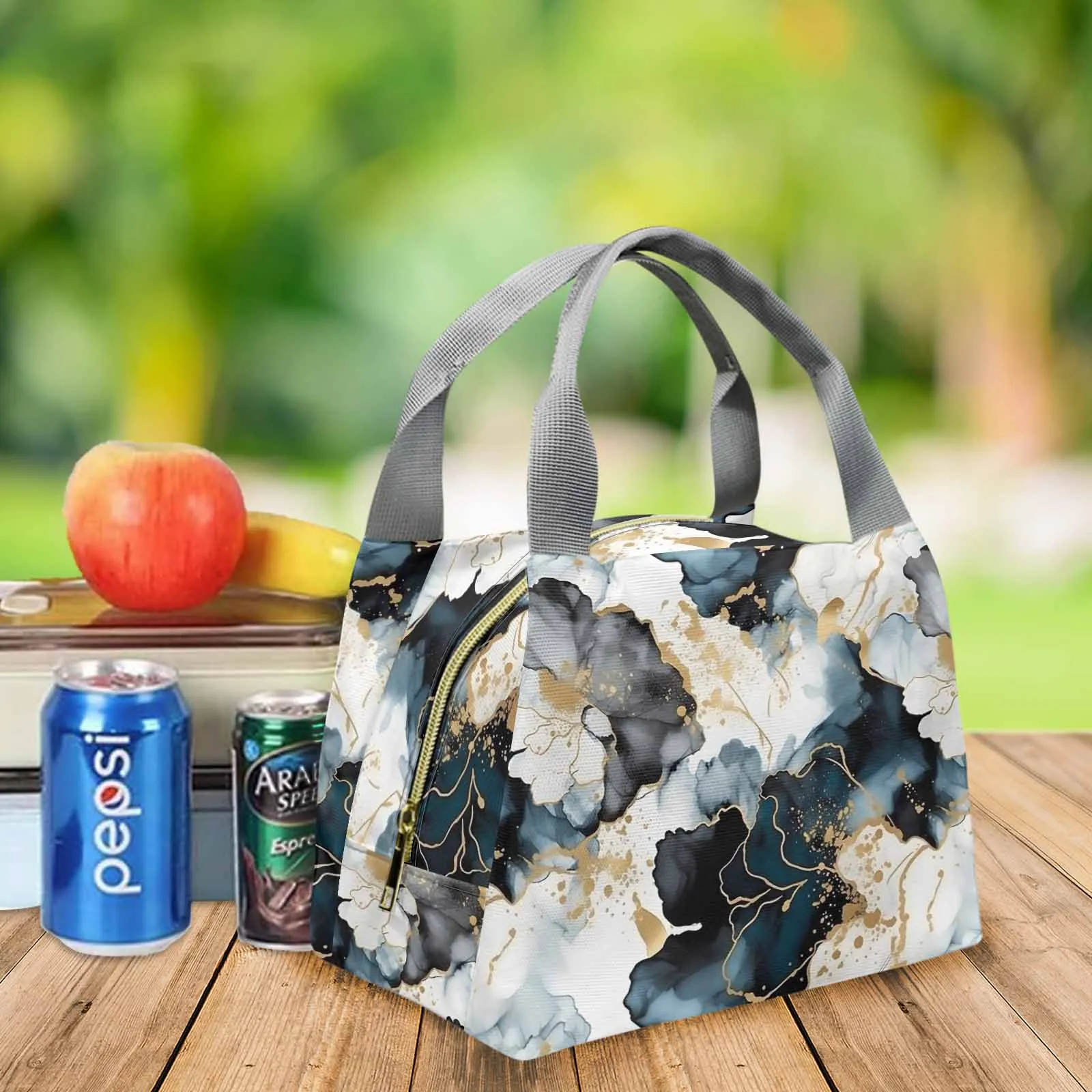 Black Ink Floral  Portable Lunch Bag-Grey Handle