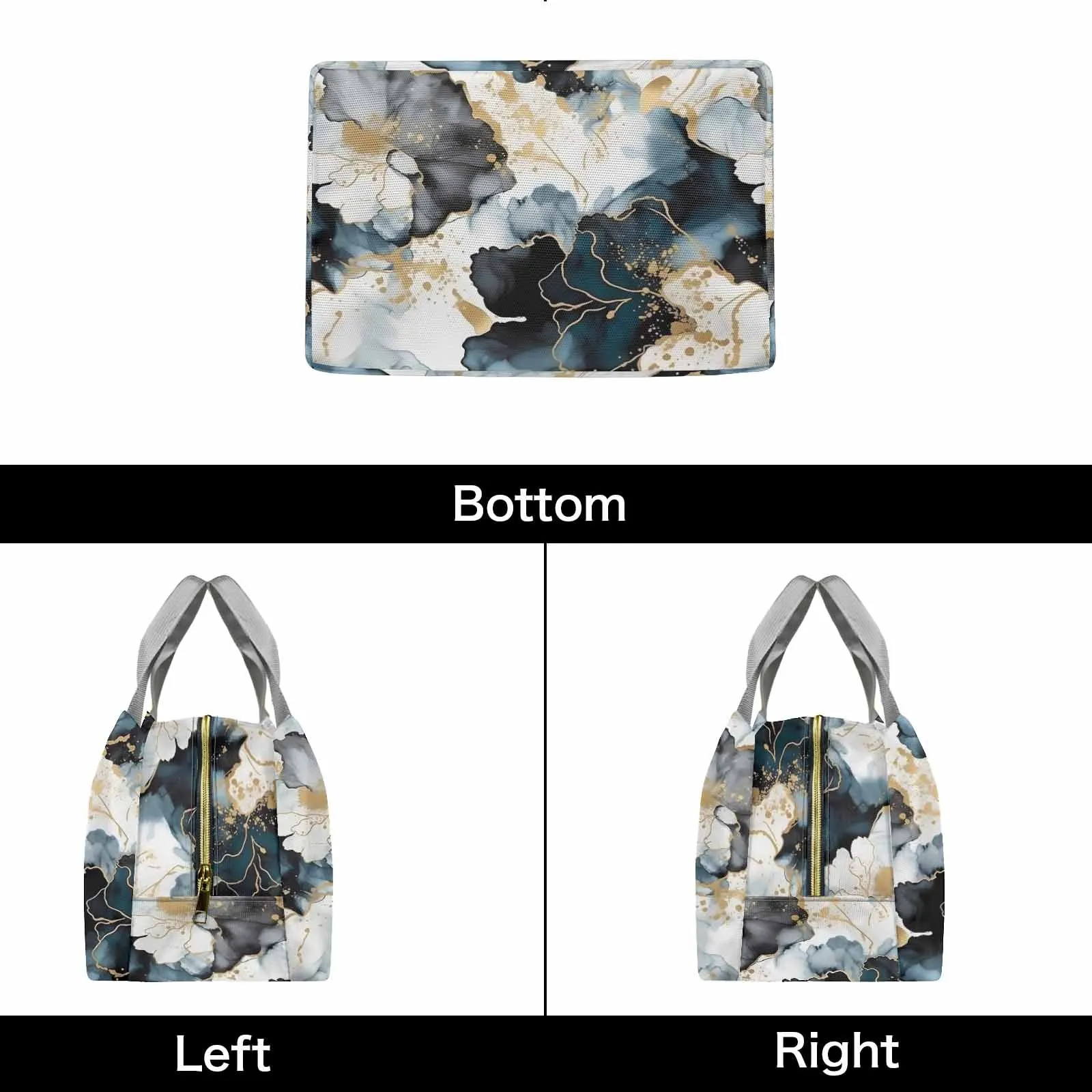 Black Ink Floral  Portable Lunch Bag-Grey Handle