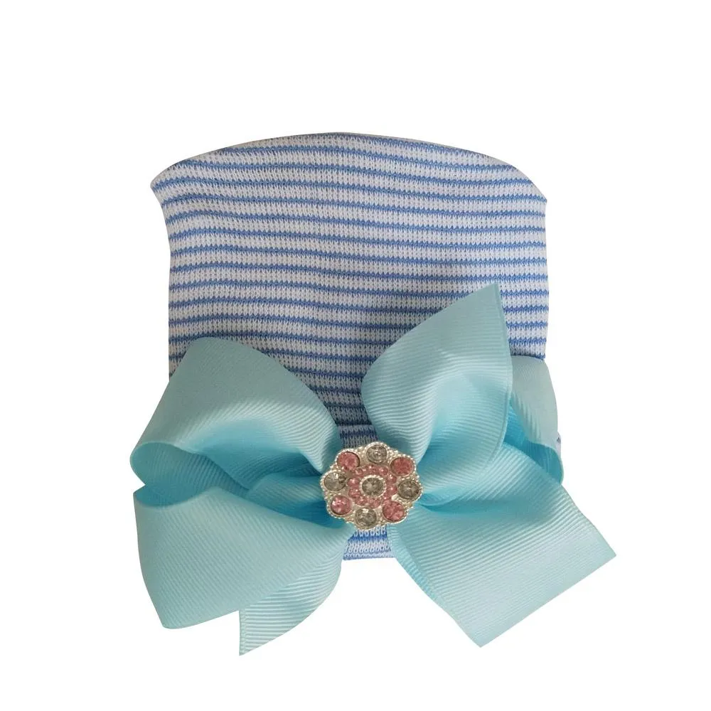 Blue Newborn Infant Baby Hospital Hat with Large Bow and Brooch