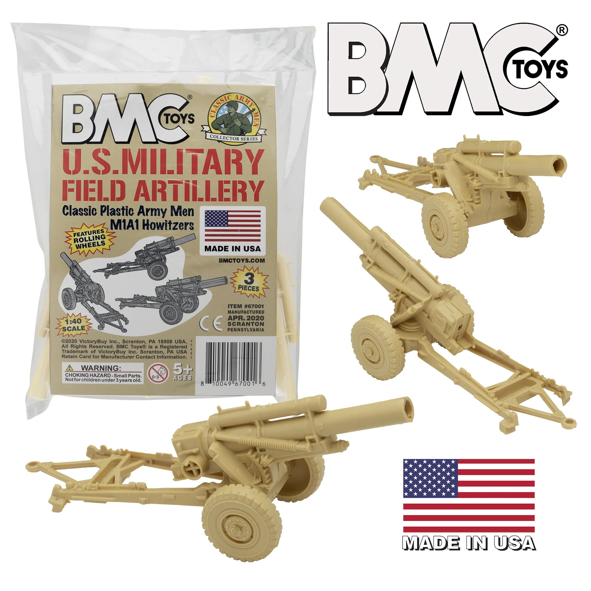 BMC Classic Marx US Military HOWITZERS Tan 3pc Plastic Army Men Field Artillery