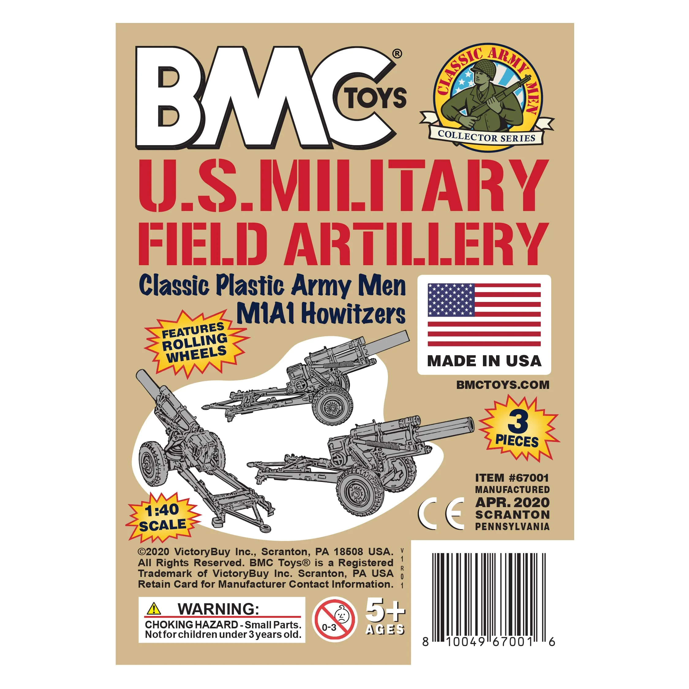 BMC Classic Marx US Military HOWITZERS Tan 3pc Plastic Army Men Field Artillery