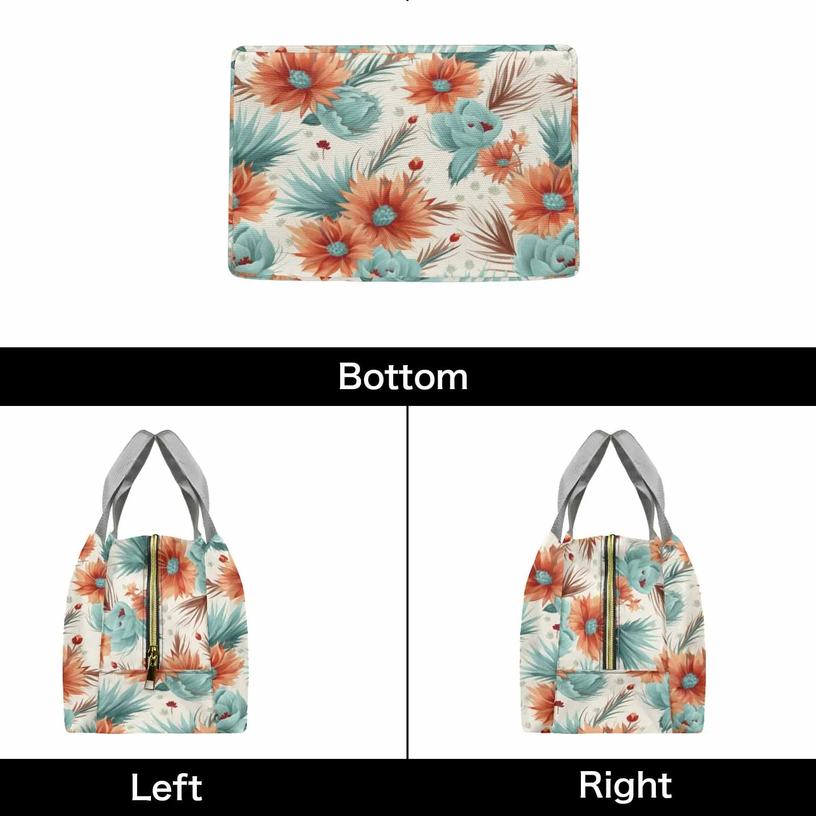 Boho Floral  Portable Lunch Bag-Grey Handle