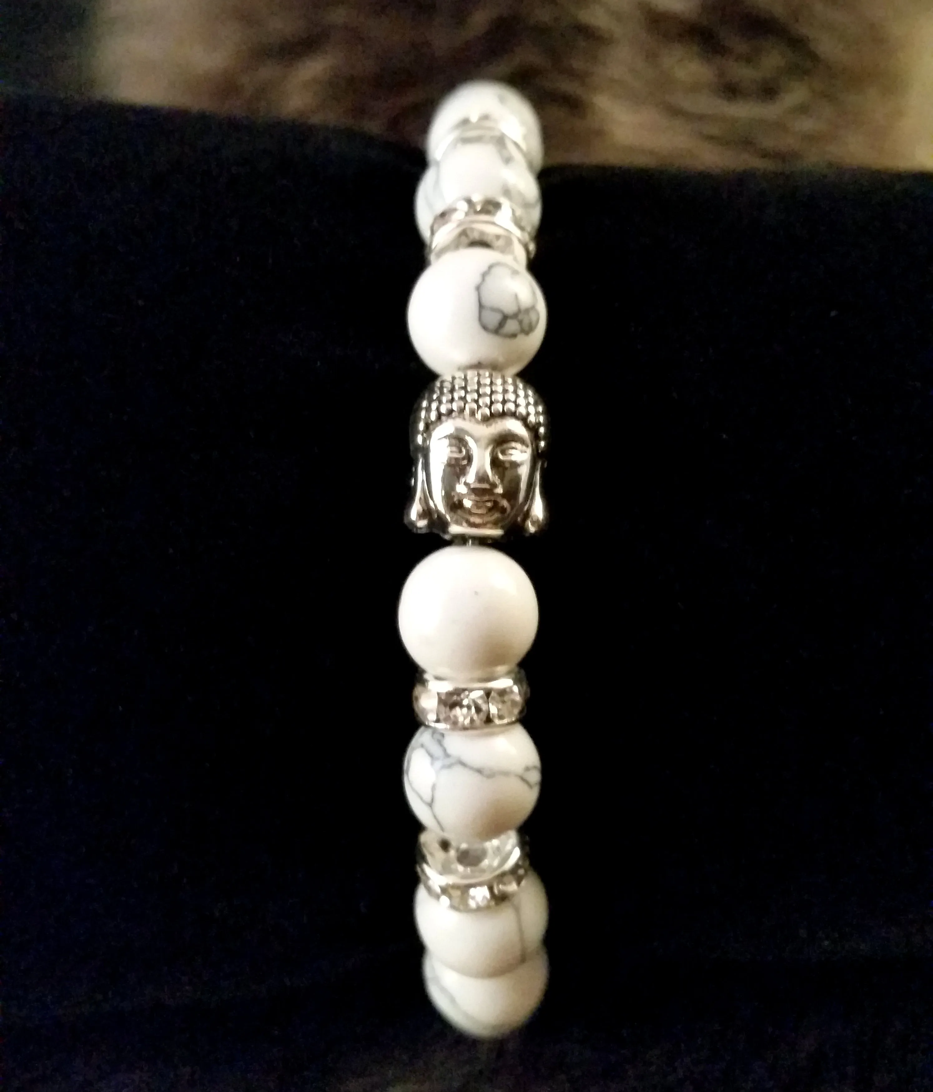 Bracelet Buddha White Howlite Stone Silver Swarovski Crystal