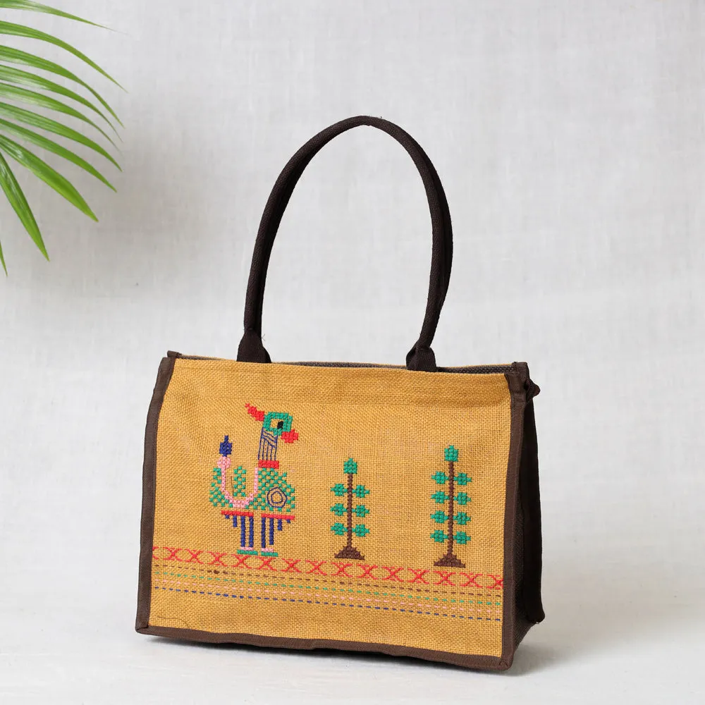 Brown - Tribal Hand Embroidered Jute Multipurpose Hand Bag/Lunch Bag