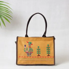 Brown - Tribal Hand Embroidered Jute Multipurpose Hand Bag/Lunch Bag