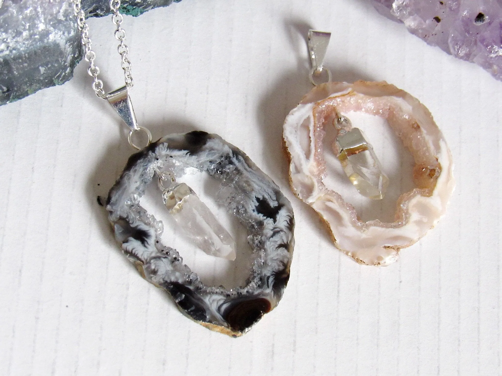 Dangling Quartz Point Geode Necklaces