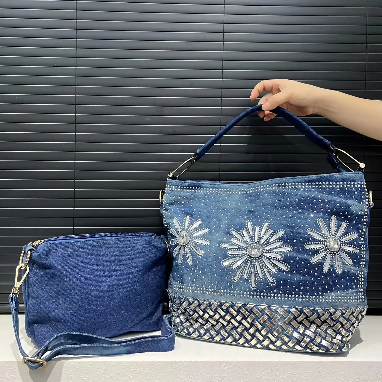 Elegant Denim Tote Bag with Sparkling Rhinestone Accents, Large Capacity, Detachable Strap - Chic Blue Shoulder & Crossbody Handbag for Women