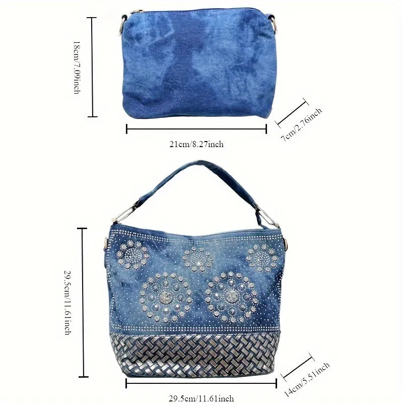 Elegant Denim Tote Bag with Sparkling Rhinestone Accents, Large Capacity, Detachable Strap - Chic Blue Shoulder & Crossbody Handbag for Women