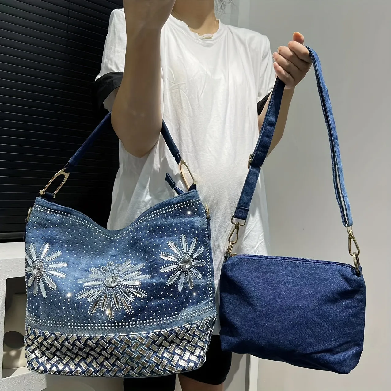 Elegant Denim Tote Bag with Sparkling Rhinestone Accents, Large Capacity, Detachable Strap - Chic Blue Shoulder & Crossbody Handbag for Women