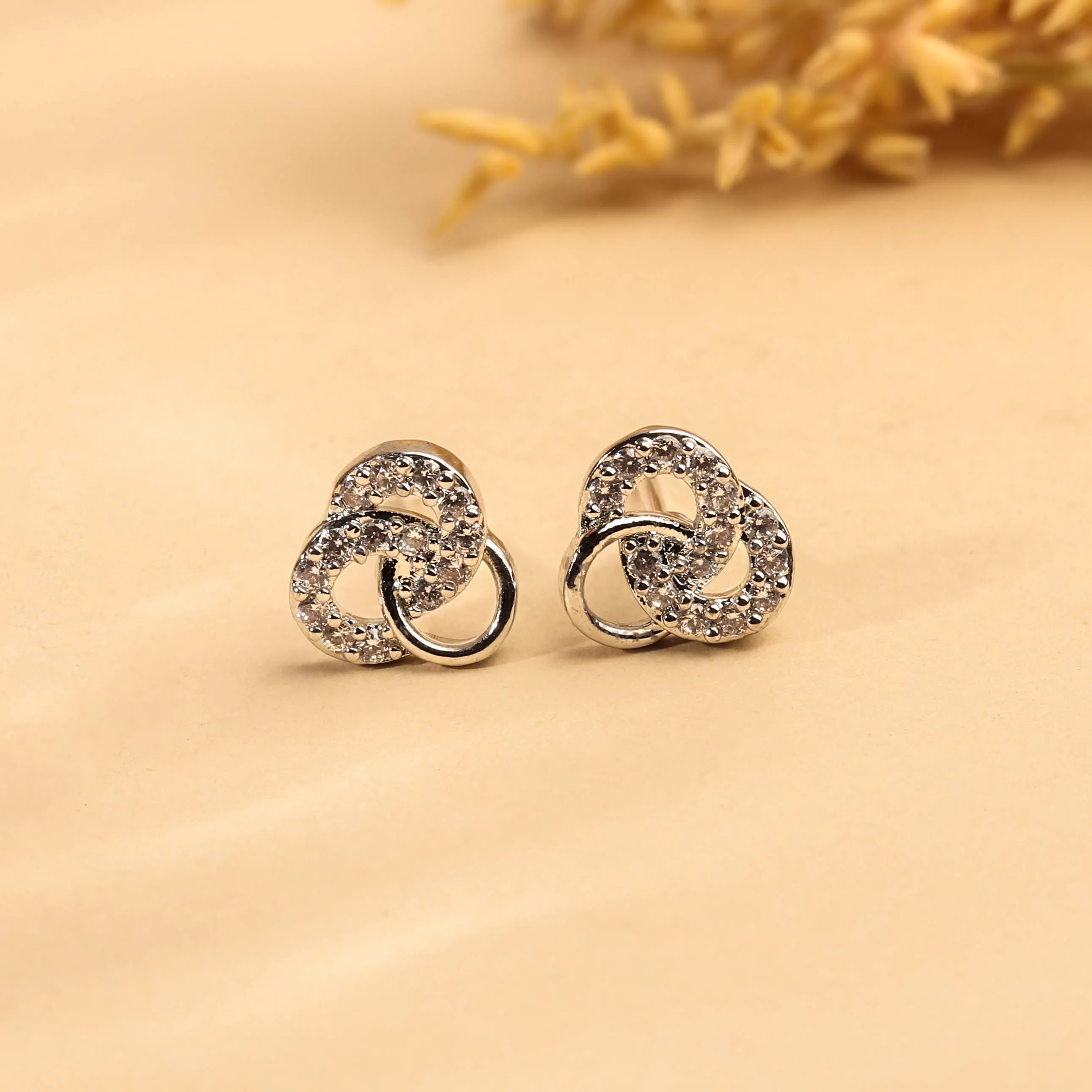 Elegant Rhodium Plated Tri Loop CZ Stud Earring For Women