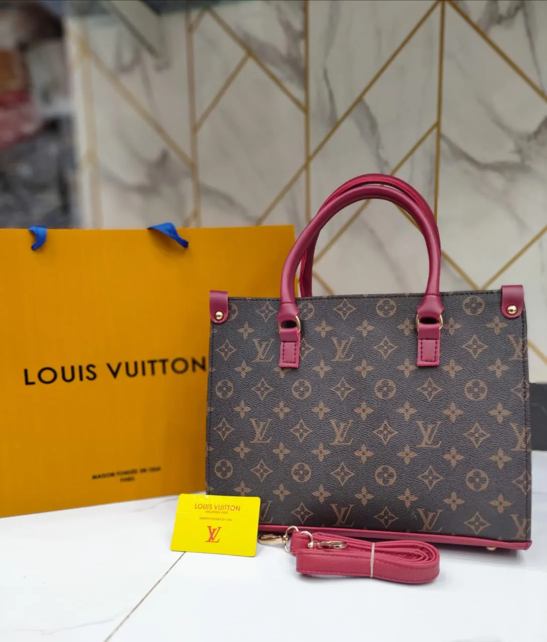 High Quality Louis Vuitton Women's Bag with Long Strap (Red Handle)