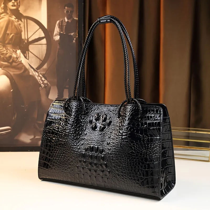 Luxurious Genuine Leather Satchel - Elegant Crocodile Pattern Handbag with Shoulder Strap, Fashionable Purse for Women - Premium Quality, Stylish and Durable