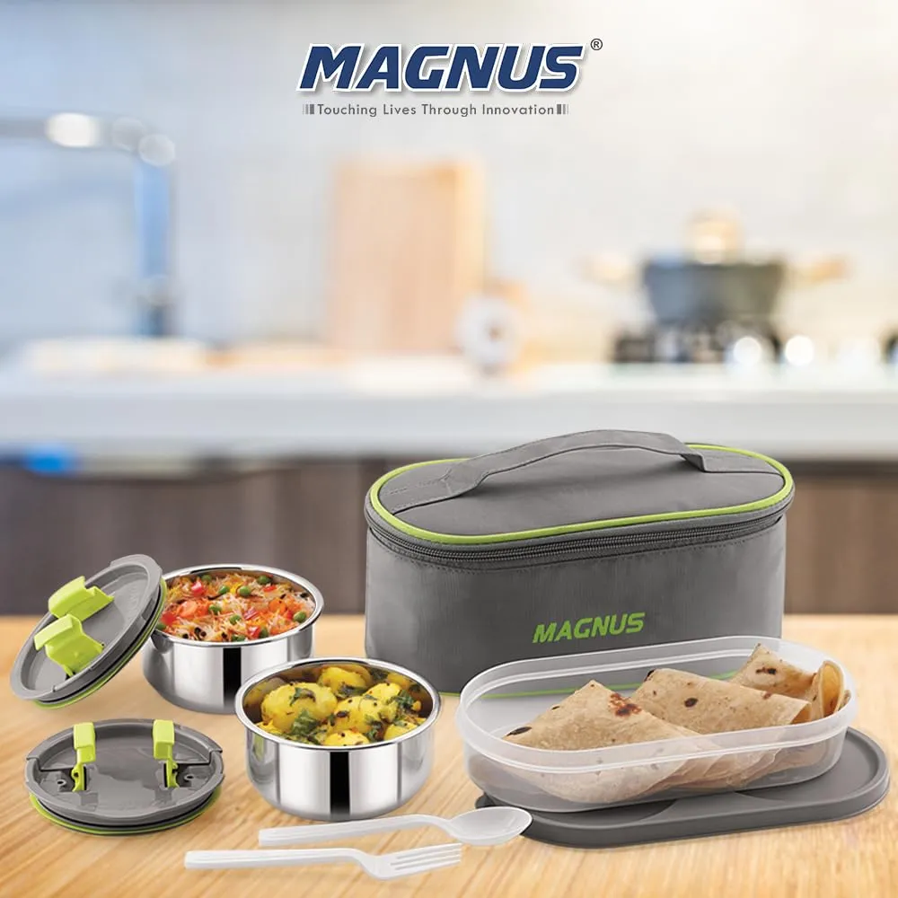 Magnus Olive 3 Lunch Box Set: Leak-Proof Stainless Steel Containers with Thermal Bag - Lunch Box for Kids and Lunch Boxes for Office Men - Airtight & Insulated Food Tiffin (950 ml)