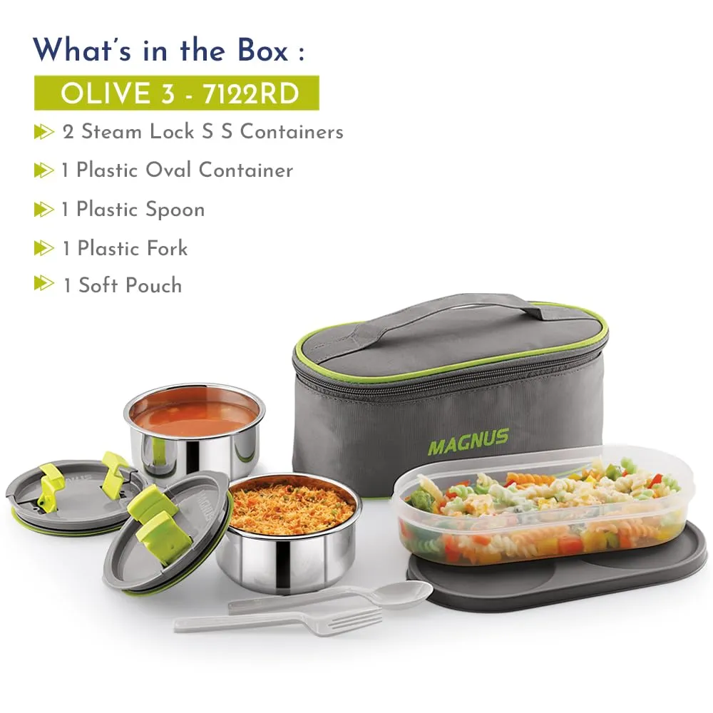 Magnus Olive 3 Lunch Box Set: Leak-Proof Stainless Steel Containers with Thermal Bag - Lunch Box for Kids and Lunch Boxes for Office Men - Airtight & Insulated Food Tiffin (950 ml)