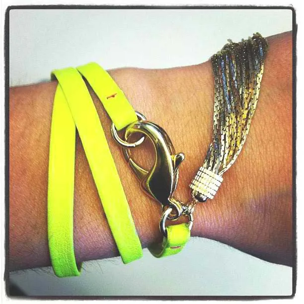 Neon Yellow Leather Triple Wrap Bracelet w/ gold tassel detail