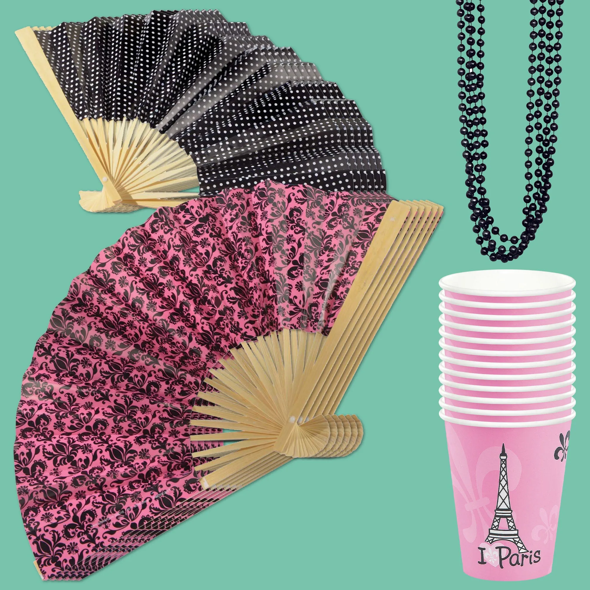 Paris Party Favors - Iconic Paris Paper Cups, Folding Fans, and Black Bead Necklaces for 12 Guests