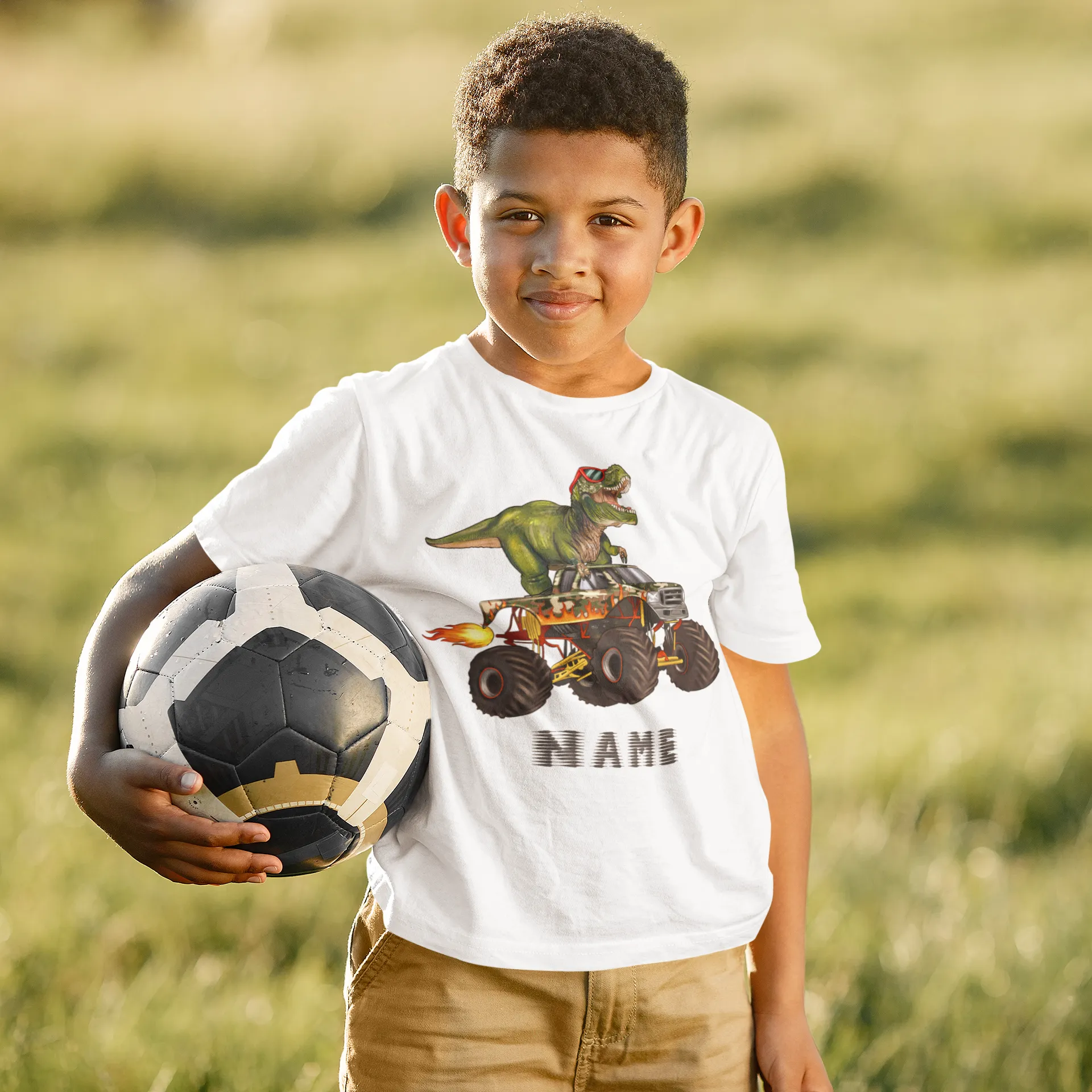 Personalised Monster Truck With Dinosaur Kids T-shirt