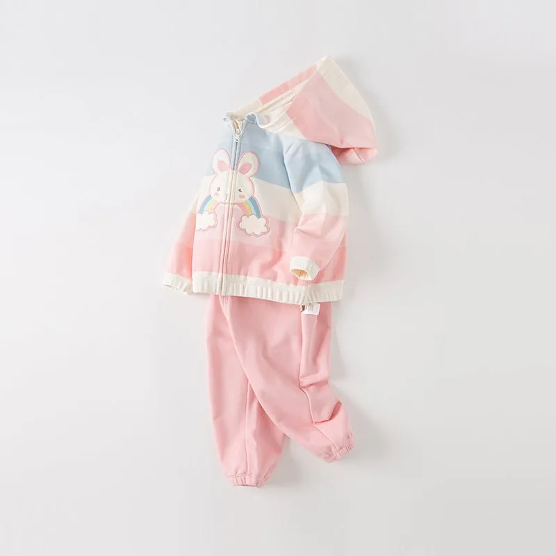 Rainbow Bunny Two-piece Girl Hooded Sweater Jacket & Pants Set