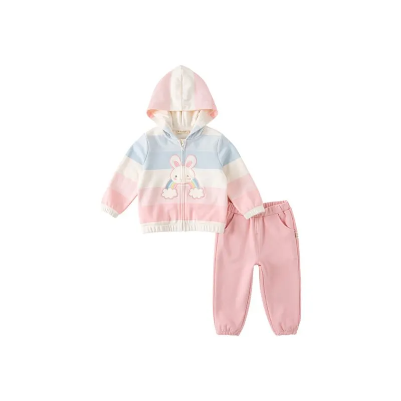 Rainbow Bunny Two-piece Girl Hooded Sweater Jacket & Pants Set