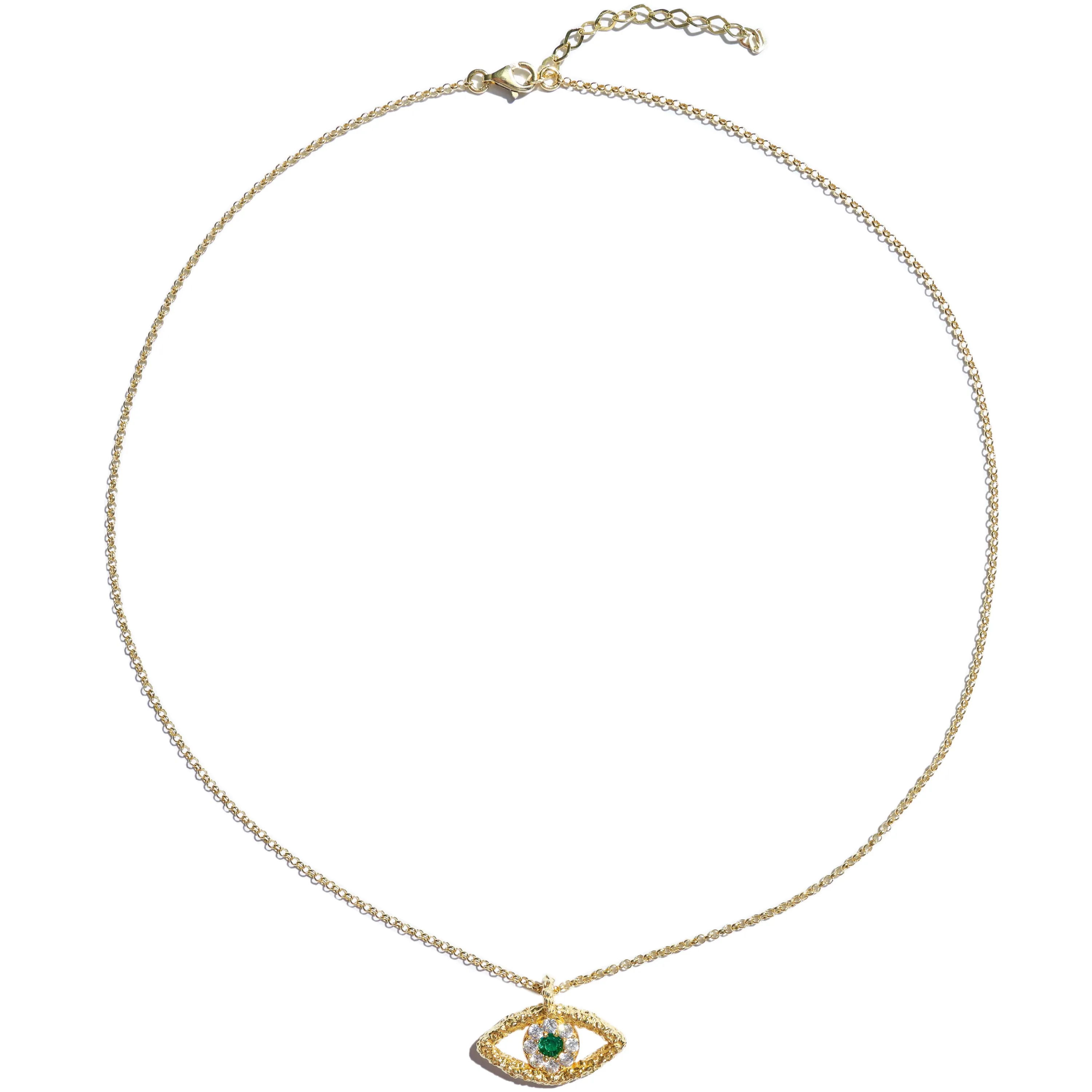 Silver gold plated green hammered evil eye necklace