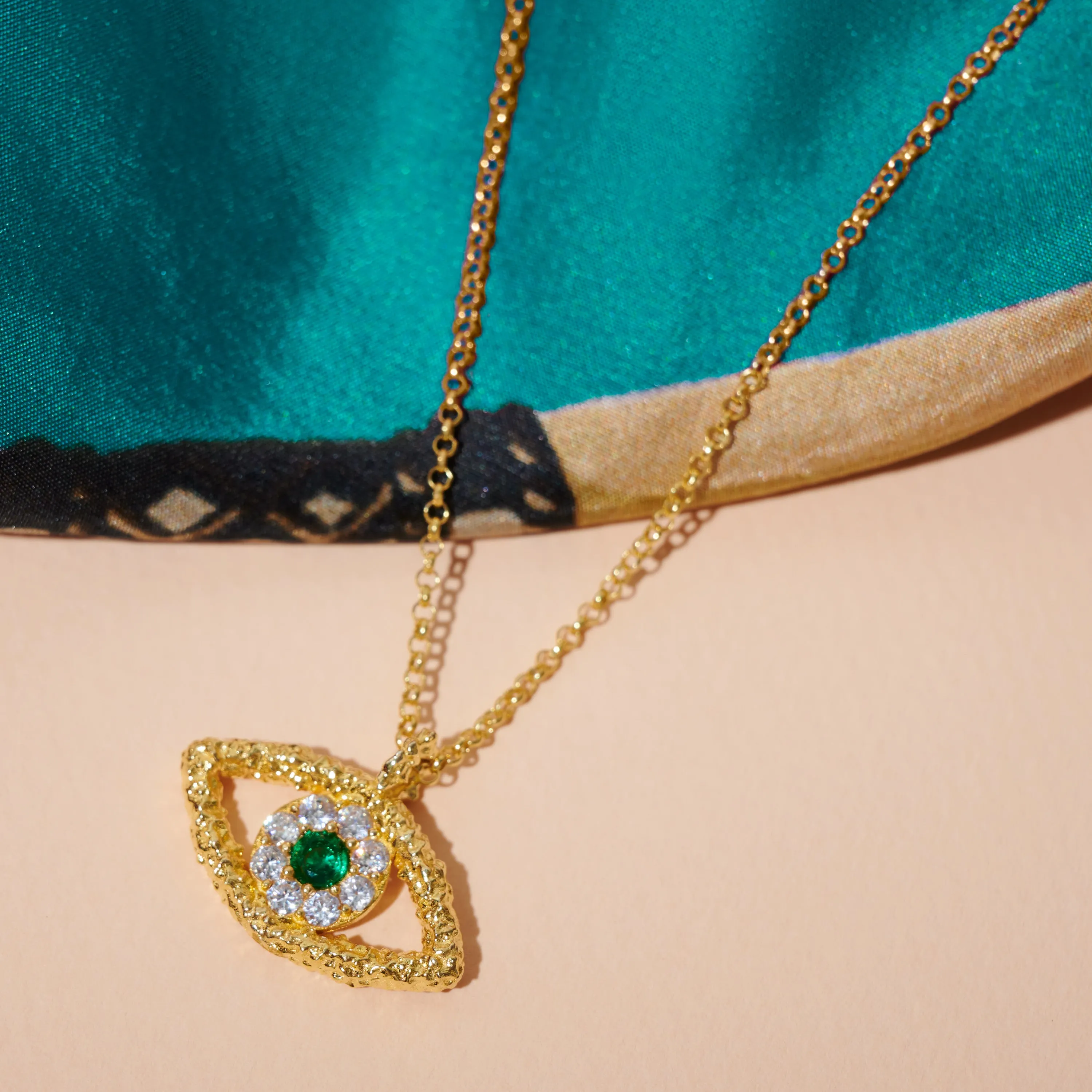 Silver gold plated green hammered evil eye necklace