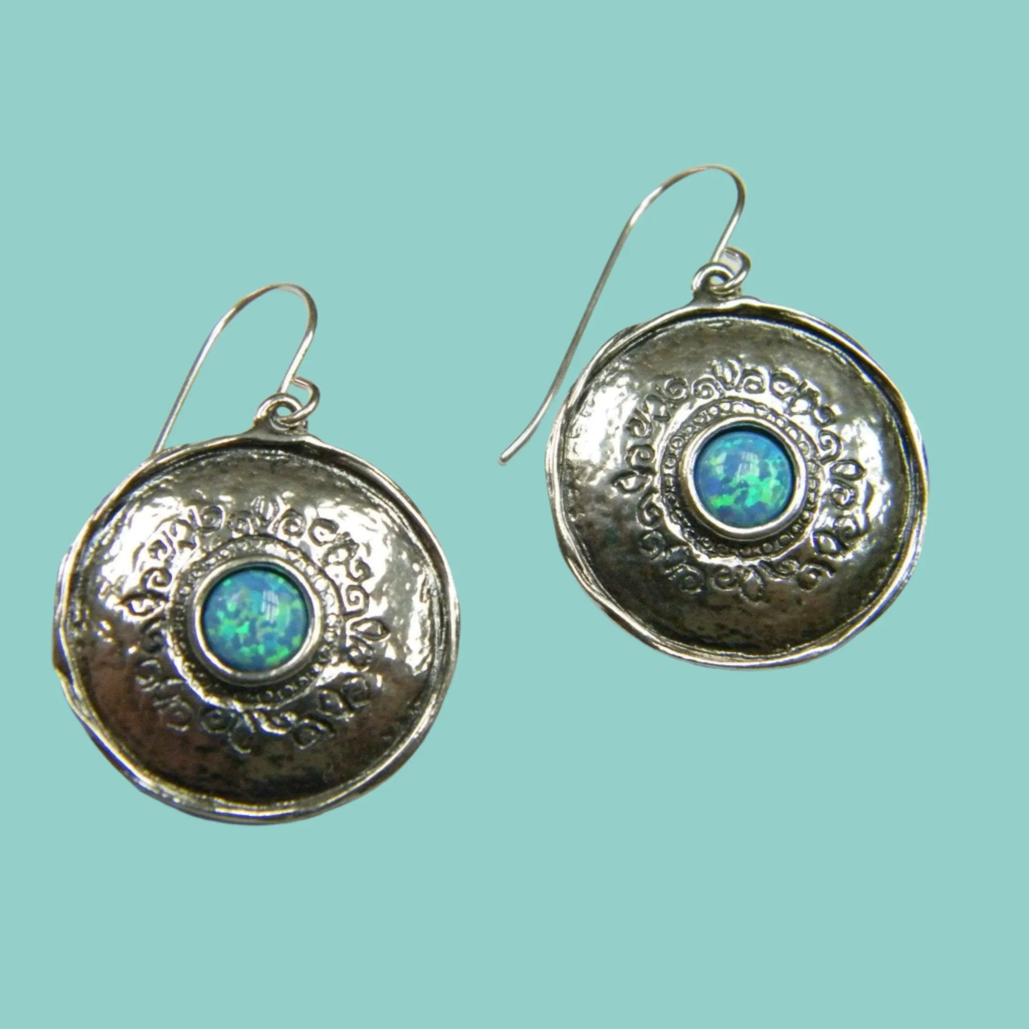 Sterling Silver Blue Opal Earrings, Israeli typical silver jewelry