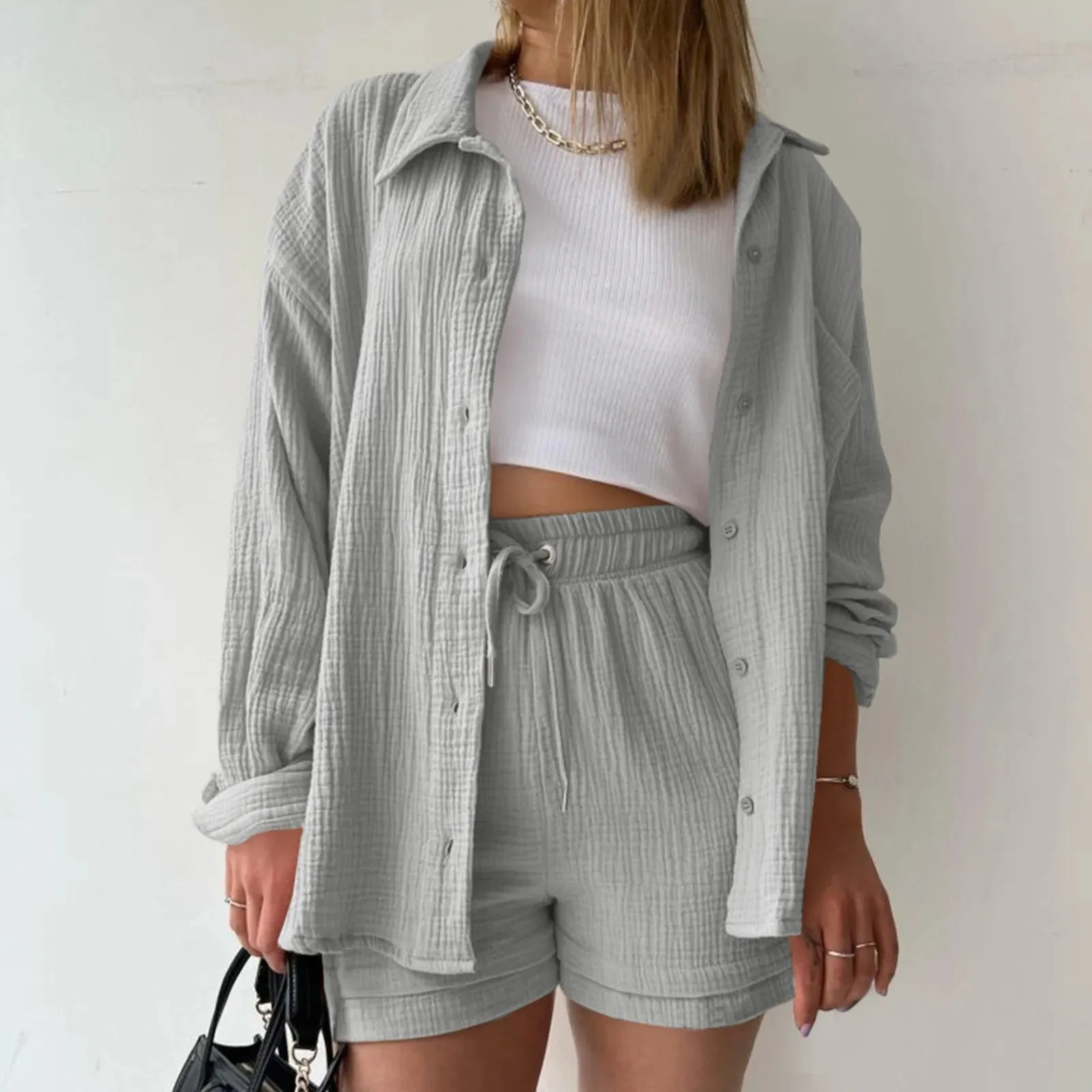 Summer Fashion Casual Holiday Boho Long Sleeve Basic Shirt Top Shorts Women's Set