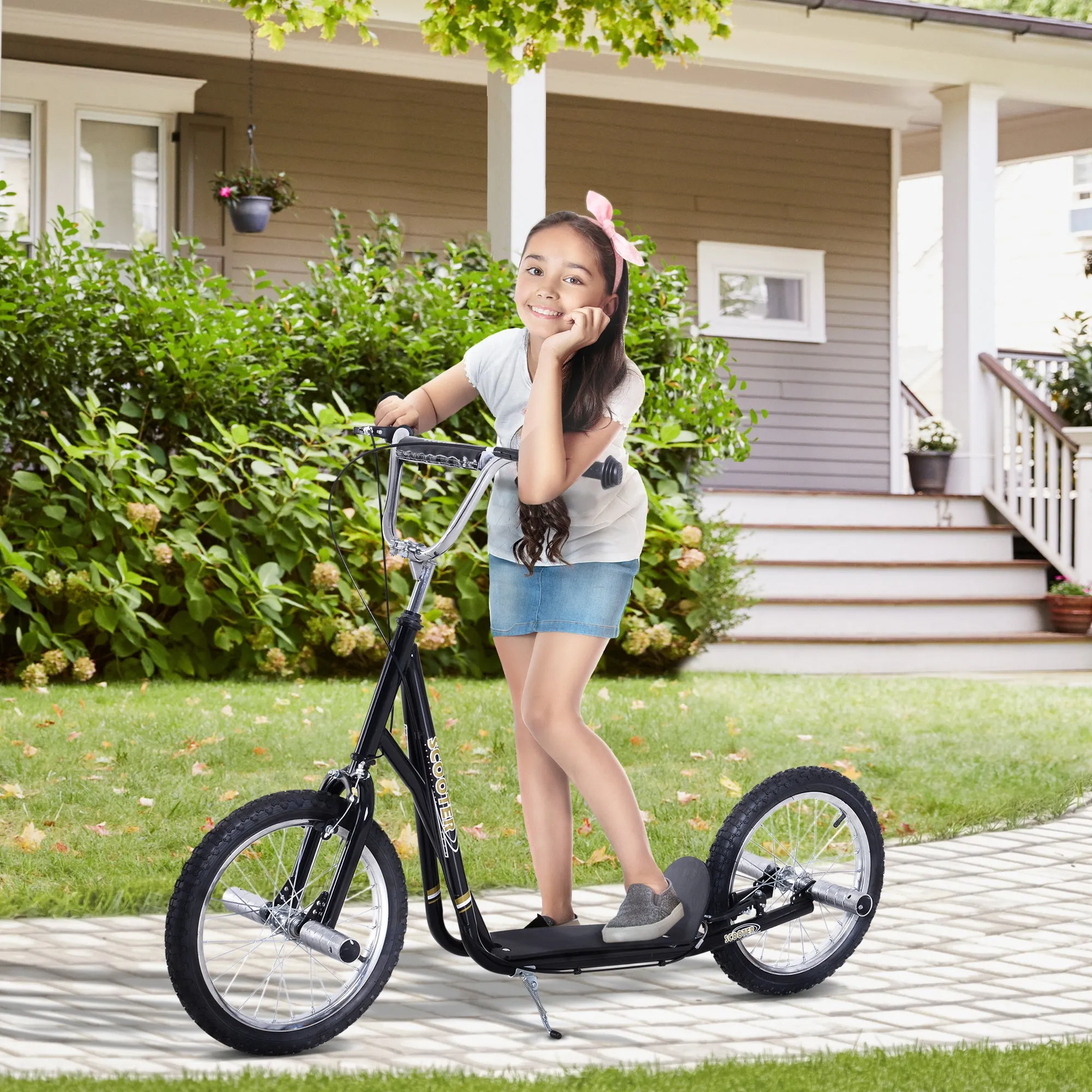 Teen Push Scooter Kids Children Stunt Scooter for 5  Years with 16 Inches Wheels Adjustable Height Front Rear Dual Brakes, Black