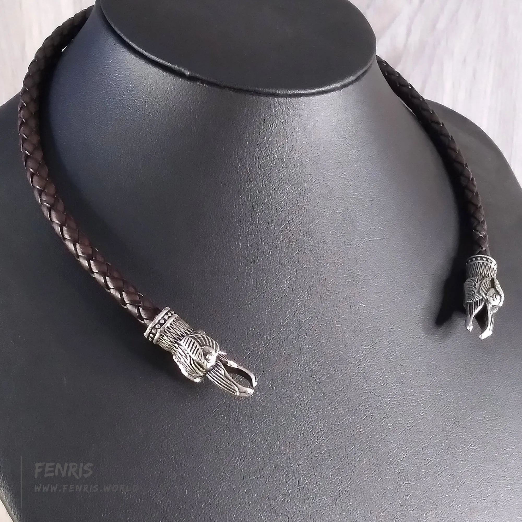 Viking Torc Silver Raven Brown Leather | Fenris