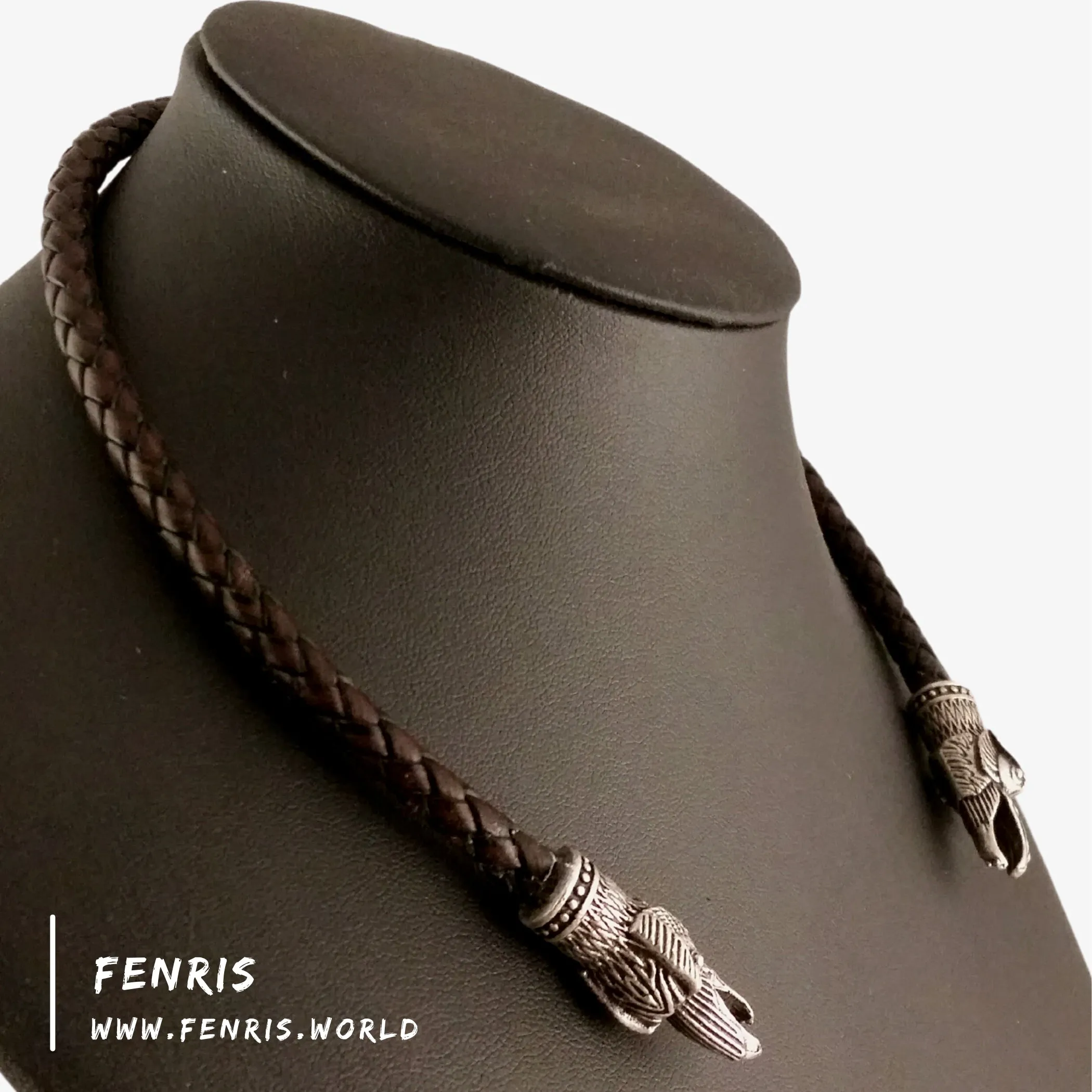 Viking Torc Silver Raven Brown Leather | Fenris