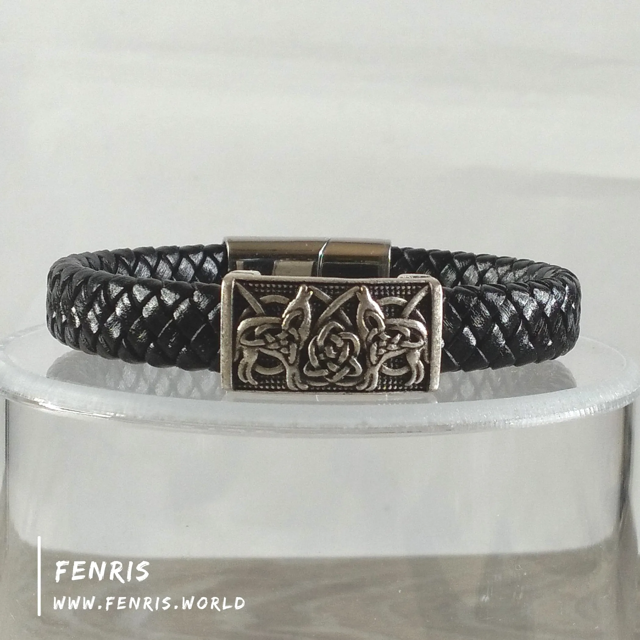 Wolf Bracelet Silver Black Leather Norse Viking Style