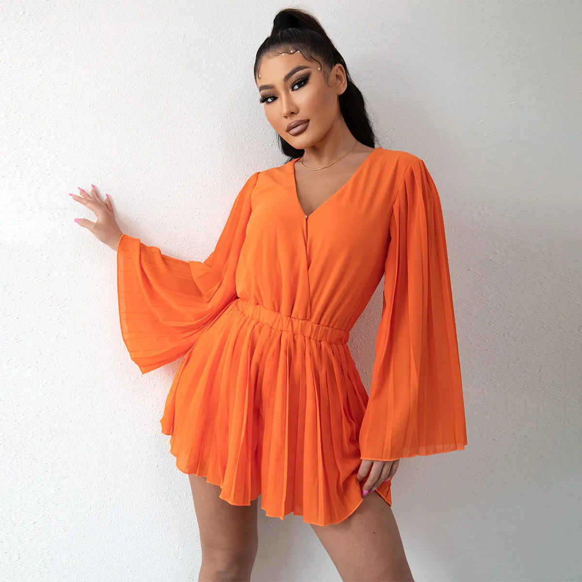 Women Clothing V neck Pleated Romper