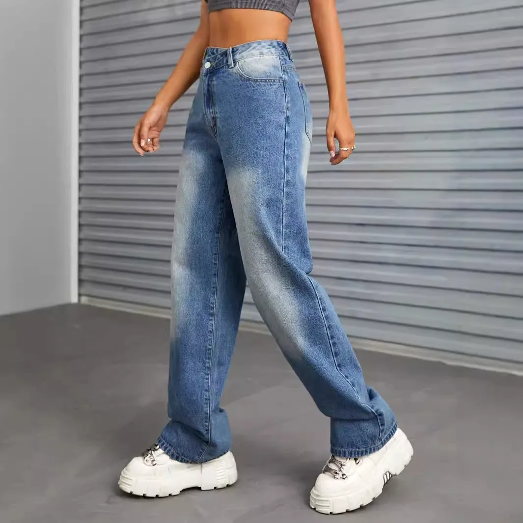 Women Clothing Wide Leg Slimming Straight Mop Jeans Trousers